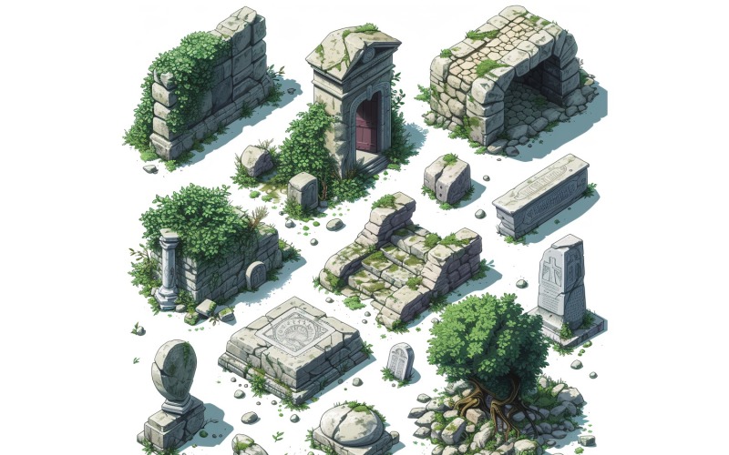 Graveyard Set of Video Games Assets Sprite Sheet 1 Illustration