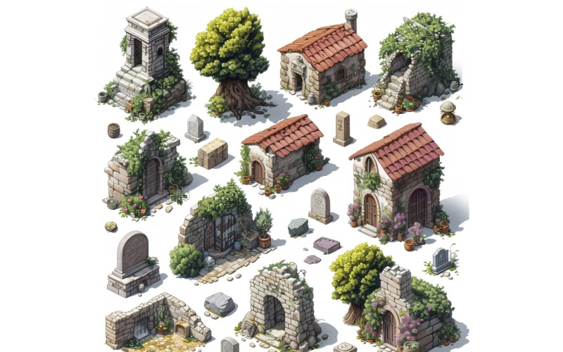 Graveyard Set of Video Games Assets Sprite Sheet 4 Illustration