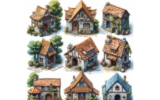 inns and taverns with signs Set of Video Games Assets Sprite Sheet White background 1