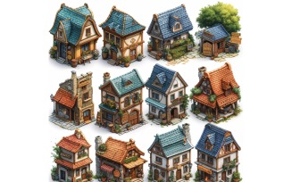 inns and taverns with signs Set of Video Games Assets Sprite Sheet White background 2