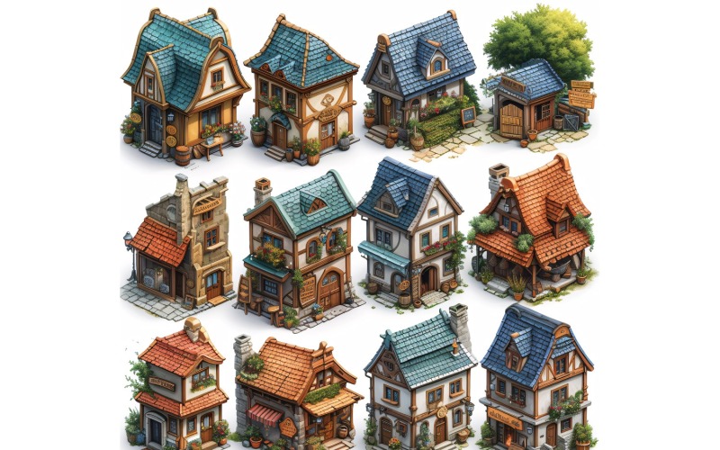 inns and taverns with signs Set of Video Games Assets Sprite Sheet White background 2 Illustration