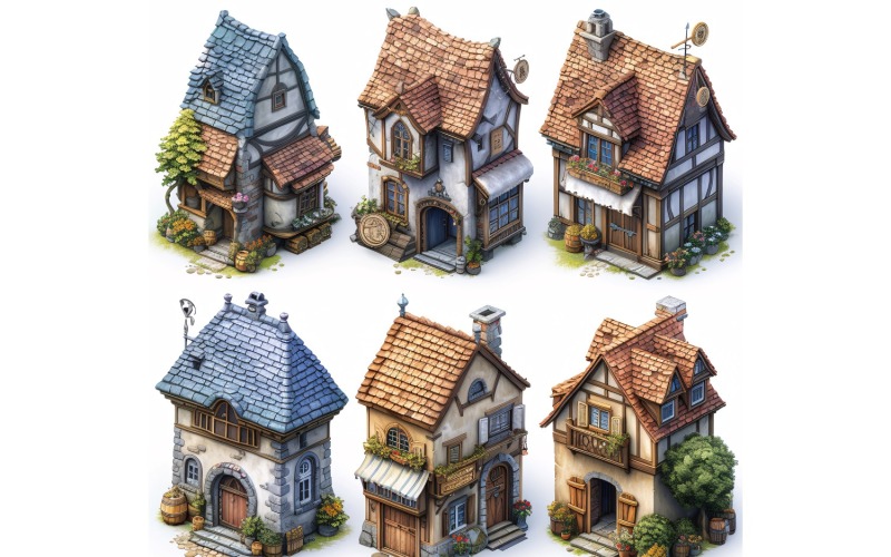 inns and taverns with signs Set of Video Games Assets Sprite Sheet White background 3 Illustration