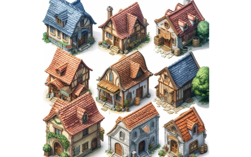 inns and taverns with signs Set of Video Games Assets Sprite Sheet White background 4 Illustration