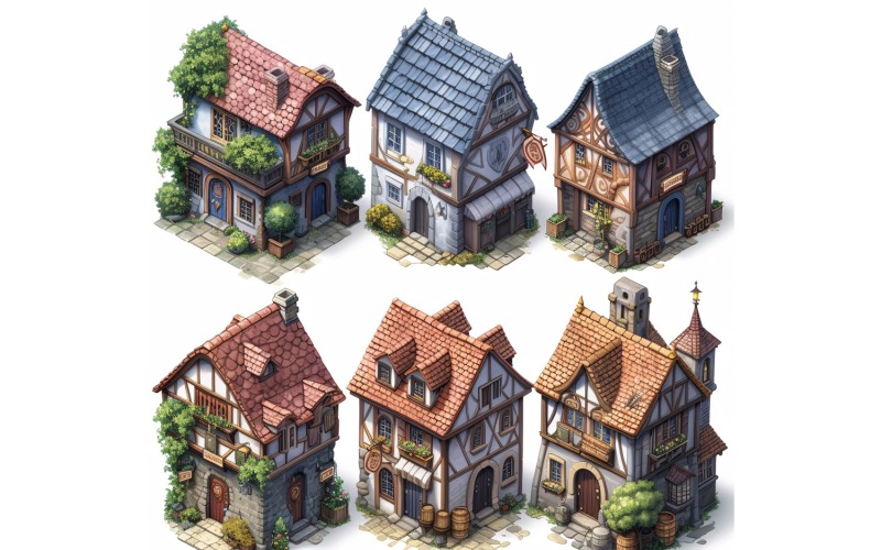 inns and taverns with signs Set of Video Games Assets Sprite Sheet White background 6 Illustration
