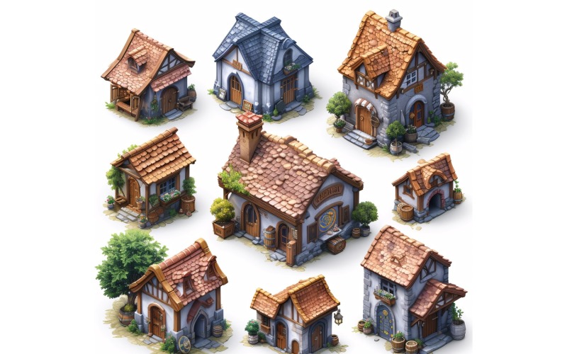 inns and taverns with signs Set of Video Games Assets Sprite Sheet White background 7 Illustration