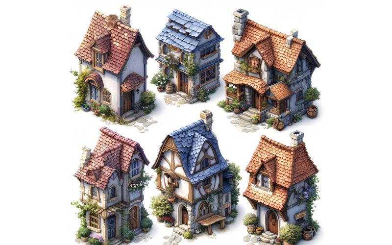 inns and taverns with signs Set of Video Games Assets Sprite Sheet White background 8 Illustration