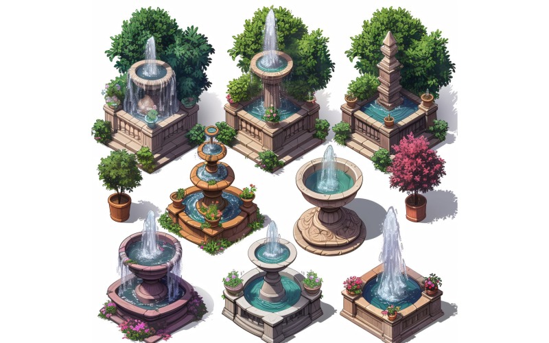 city fountains Set of Video Games Assets Sprite Sheet 1 Illustration