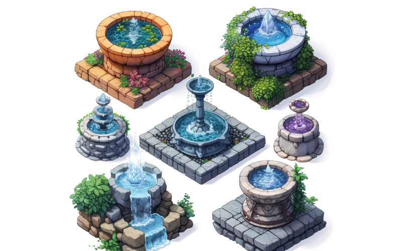 city fountains Set of Video Games Assets Sprite Sheet 2 Illustration