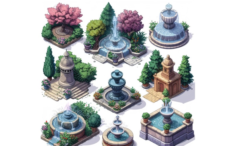 city fountains Set of Video Games Assets Sprite Sheet 3 Illustration