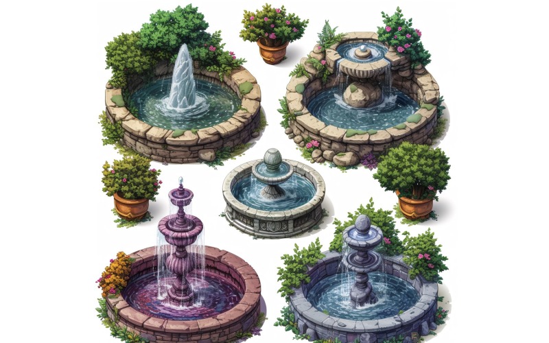 city fountains Set of Video Games Assets Sprite Sheet 4 Illustration