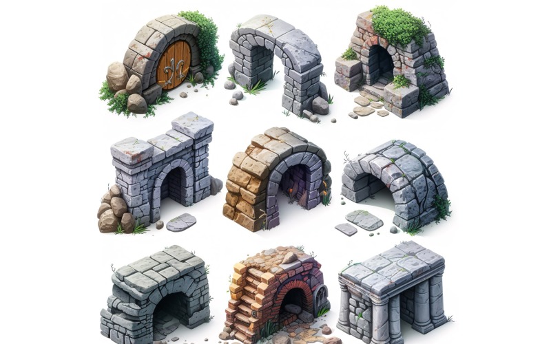 Entrance To Catacombs Set of Video Games Assets Sprite Sheet 03 . Illustration