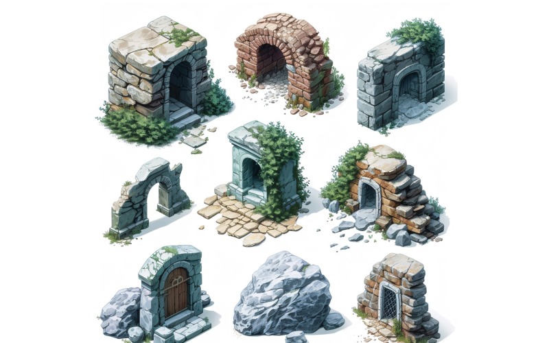 entrance to catacombs Set of Video Games Assets Sprite Sheet 03 Illustration