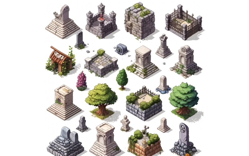 Graveyard Set of Video Games Assets Sprite Sheet 01 Illustration