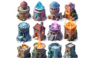 mage towers with lightening Set of Video Games Assets Sprite Sheet 2