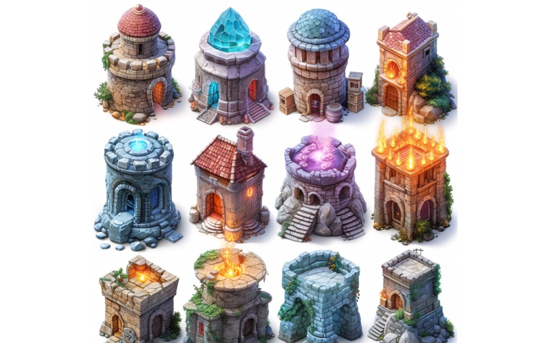 mage towers with lightening Set of Video Games Assets Sprite Sheet 2 Illustration