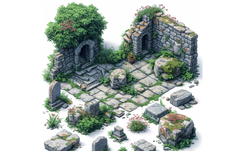 monestary with graveyard Set of Video Games Assets Sprite Sheet 01 Illustration