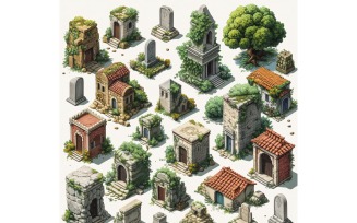 monestary with graveyard Set of Video Games Assets Sprite Sheet 02