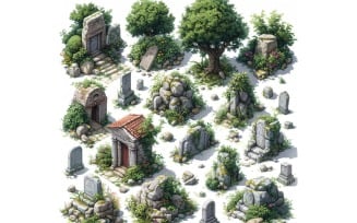 monestary with graveyard Set of Video Games Assets Sprite Sheet 03