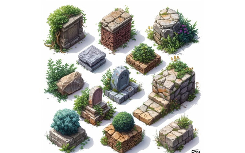 monestary with graveyard Set of Video Games Assets Sprite Sheet 04 Illustration