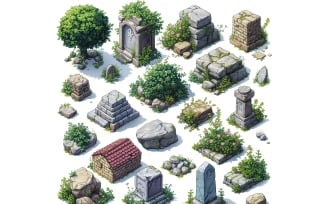 monestary with graveyard Set of Video Games Assets Sprite Sheet 1