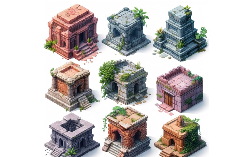 Temple Set of Video Games Assets Sprite Sheet 1 Illustration