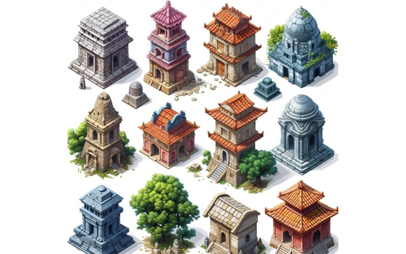 Temple Set of Video Games Assets Sprite Sheet 3 Illustration