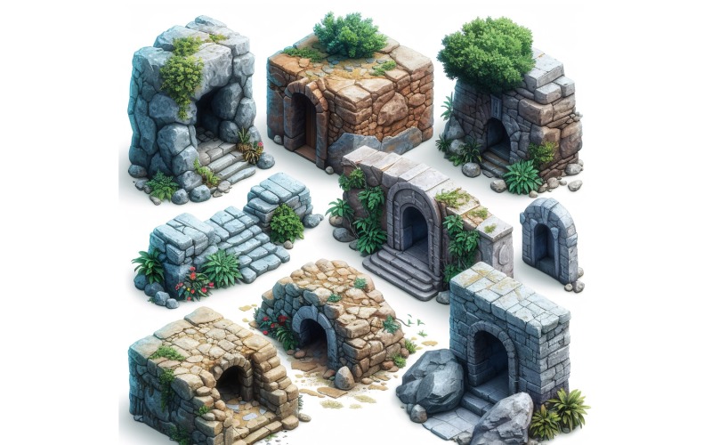 entrance to catacombs Set of Video Games Assets Sprite Sheet 06 . Illustration