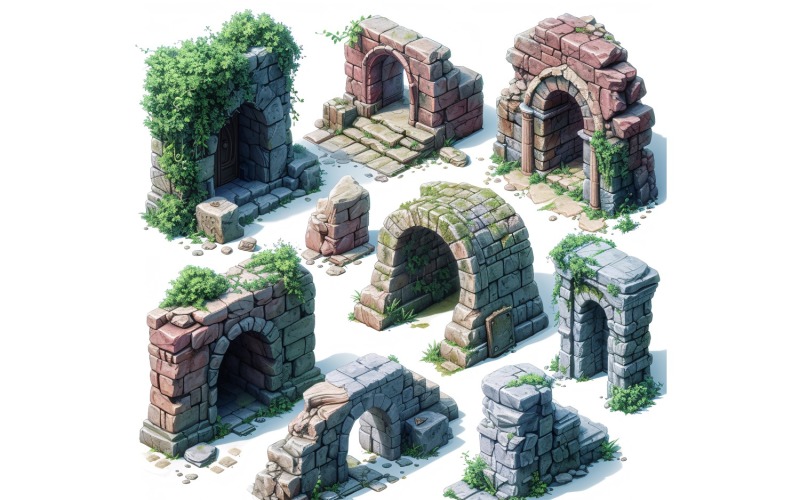 entrance to catacombs Set of Video Games Assets Sprite Sheet 08. Illustration