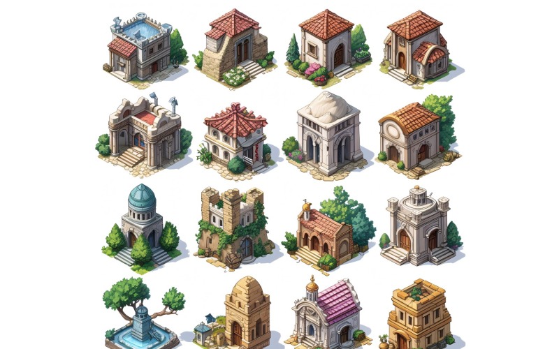 Fantasy Buildings Set of Video Games Assets Sprite Sheet 227 Illustration