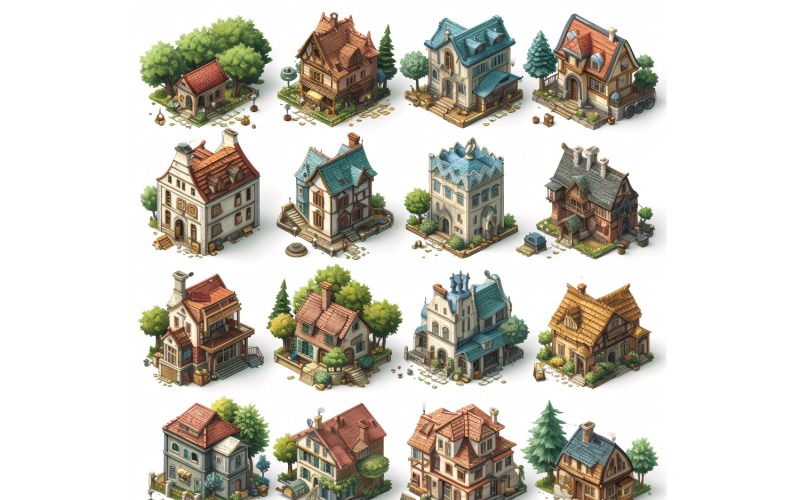 Fantasy Buildings Set of Video Games Assets Sprite Sheet 232 Illustration