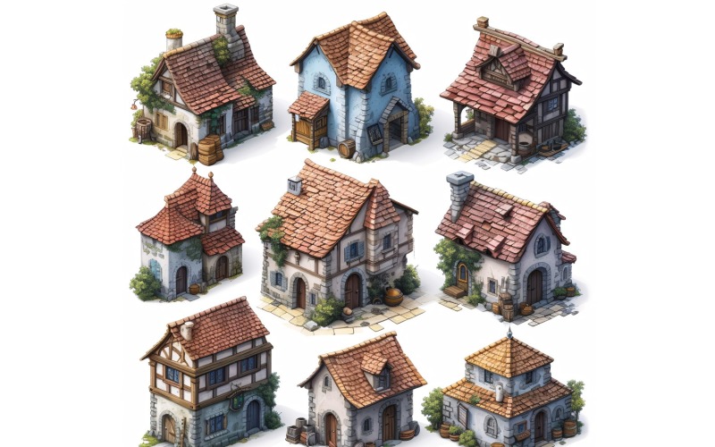 Fantasy Buildings Set of Video Games Assets Sprite Sheet 235 Illustration