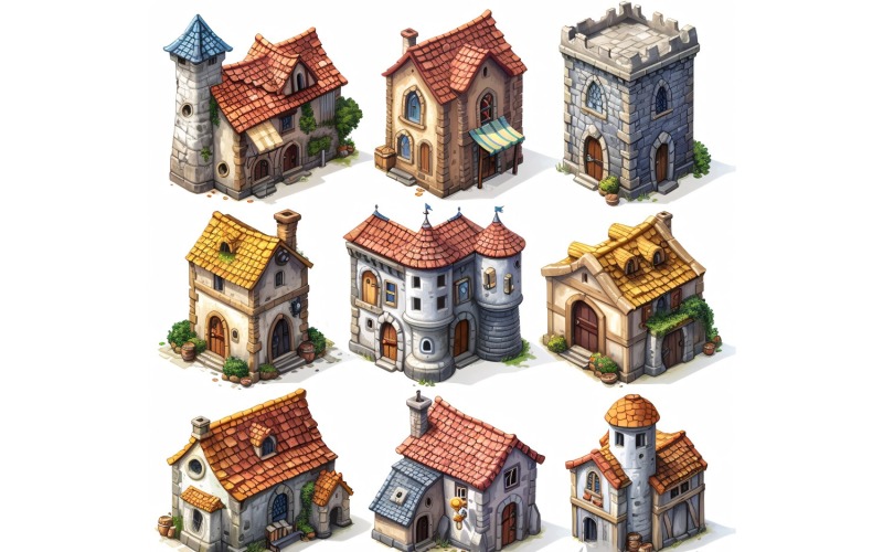 Fantasy Buildings Set of Video Games Assets Sprite Sheet 239 Illustration