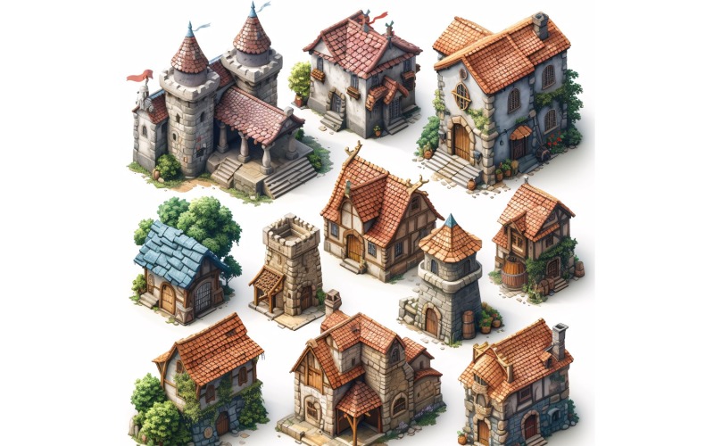 Fantasy Buildings Set of Video Games Assets Sprite Sheet 240 Illustration