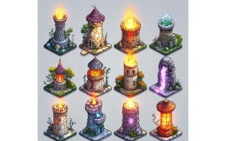 mage towers with lightening Set of Video Games Assets Sprite Sheet 197