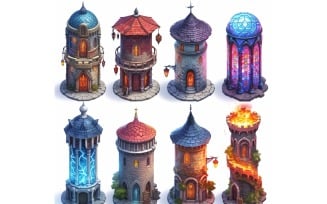 mage towers with lightening Set of Video Games Assets Sprite Sheet 201