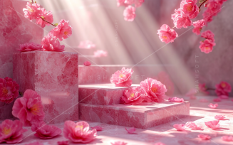 Pink flowers Petals Falling Cosmetic Product Marble Podium 05