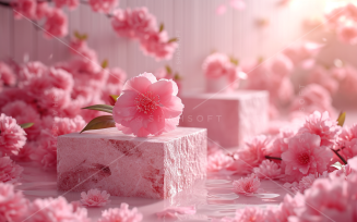 Pink flowers Petals Falling Cosmetic Product Marble Podium 06