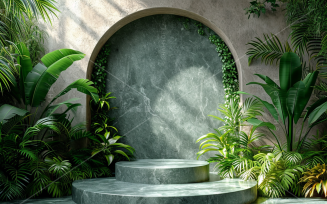 Marble Podium Circular Leafs Plants for Product Presentation 79