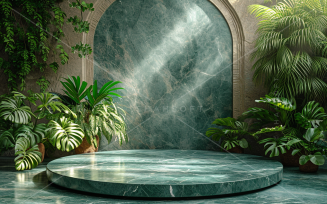 Marble Podium Circular Leafs Plants for Product Presentation 83