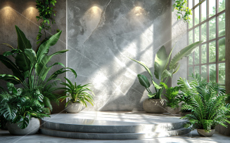 Marble Podium Circular Leafs Plants for Product Presentation 192