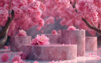 Pink flowers Petals Falling Cosmetic Product Marble Podium 169.