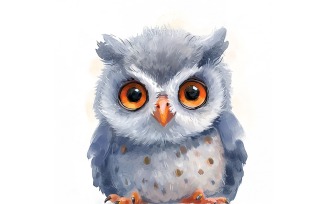 Cute Screech Owl Bird Baby Watercolor Handmade illustration 1