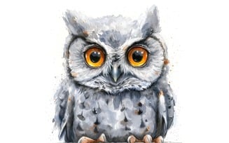 Cute Screech Owl Bird Baby Watercolor Handmade illustration 2