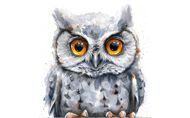Cute Screech Owl Bird Baby Watercolor Handmade illustration 2 Illustration