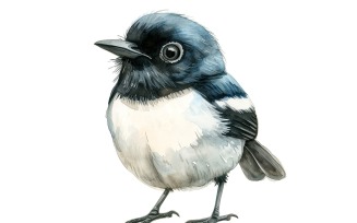 Cute Black Billed Magpie Bird Baby Watercolor Handmade illustration 1