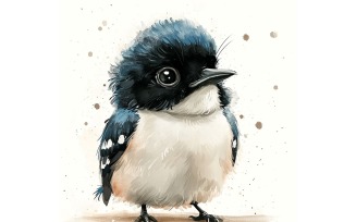 Cute Black Billed Magpie Bird Baby Watercolor Handmade illustration 2