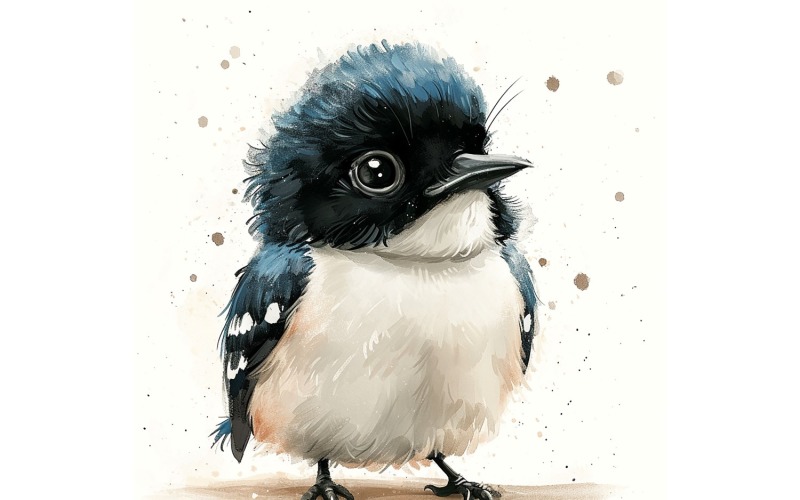 Cute Black Billed Magpie Bird Baby Watercolor Handmade illustration 2 Illustration