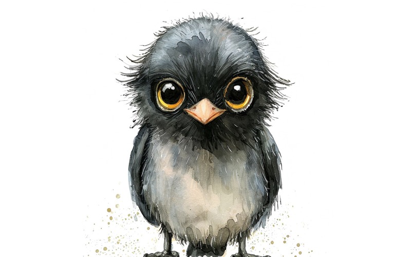 Cute Grackle Bird Baby Watercolor Handmade illustration 4 Illustration