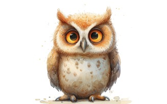 Cute Horned Owl Bird Baby Watercolor Handmade illustration 1.