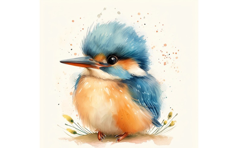 Cute Kingfisher Bird Baby Watercolor Handmade illustration 2 Illustration